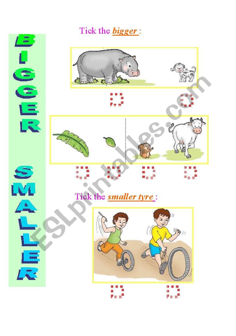 Exercise to practice Comparatives and Superlatives -- [2/3] explains Bigger - Smaller ; Biggest - Smallest ; Heavier - Lighter ; Heaviest - Lightest in 4 pages